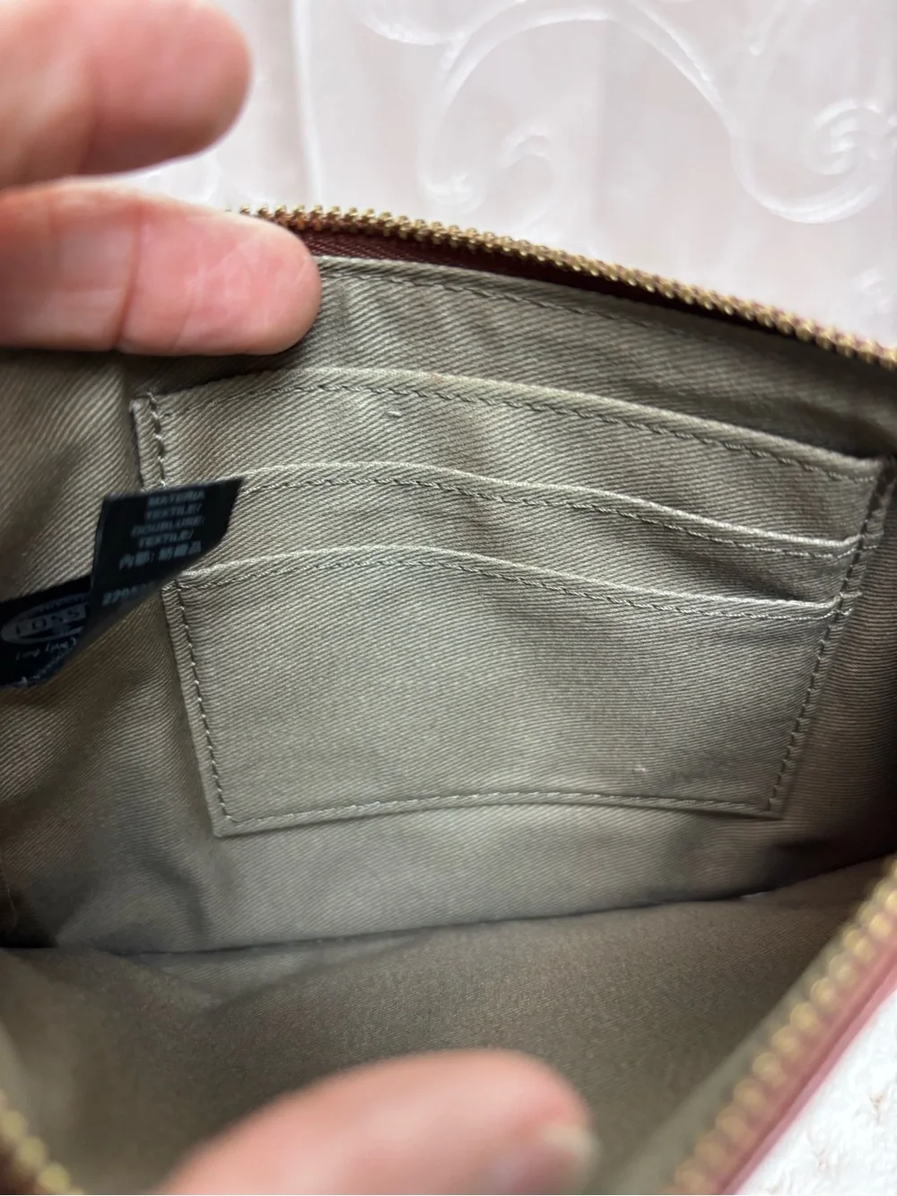 Fossil Tan Leather Wristlet With Silver Metallic Gusset Detail